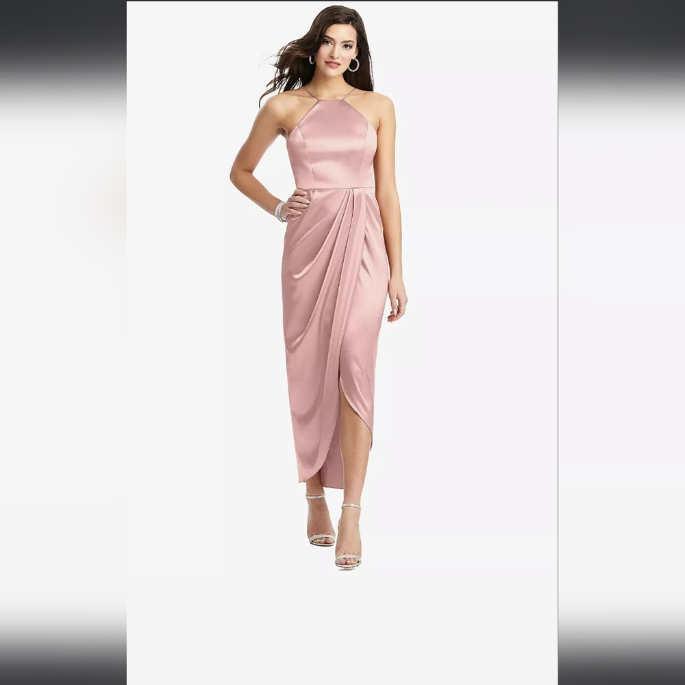 NWT After Six 6829 Halter Midi Dress With Draped Tulip Skirt. Desert Rose